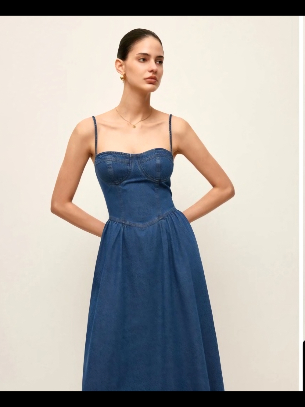 Commense Indigo Denim Midi Dress with Spaghetti Straps Western Flowy A Line - Picture 5 of 13
